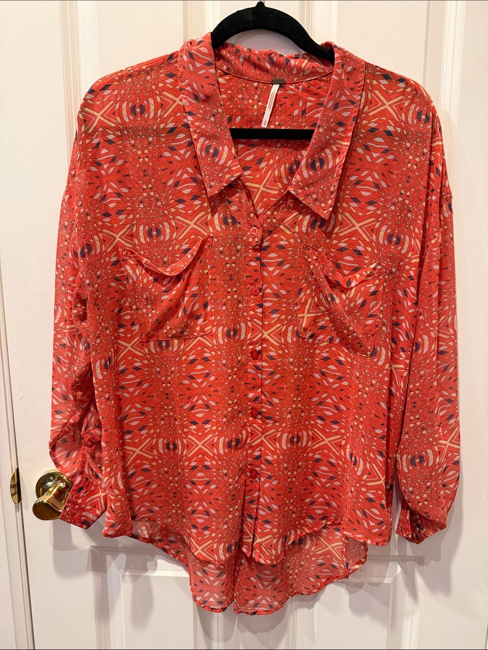 Free People Red Geometric Print Button-Up Blouse